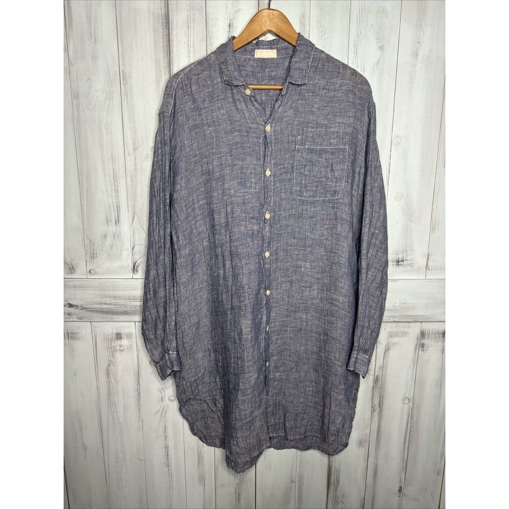 CP SHADES BLUE HATCHED 100% LINEN BUTTON UP LONG SLEEVE SHIRT DRESS MIDI SMALL